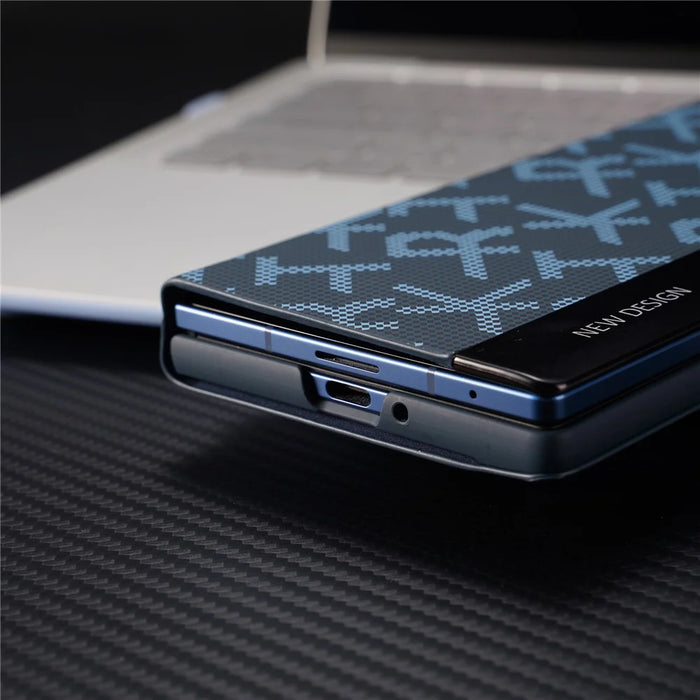 For Samsung Galaxy Z Fold4 5G Case Geometric Pixel Pattern Kickstand Foldable PC Phone Cover with Stylus - Blue - 6