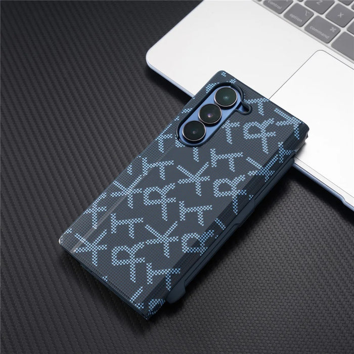 For Samsung Galaxy Z Fold5 5G Case Geometric Pixel Pattern Kickstand Foldable PC Phone Cover with Stylus - Blue - 3