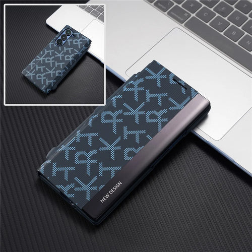 For Samsung Galaxy Z Fold6 5G Case Geometric Pixel Pattern Kickstand Foldable PC Phone Cover with Stylus - Blue - 1