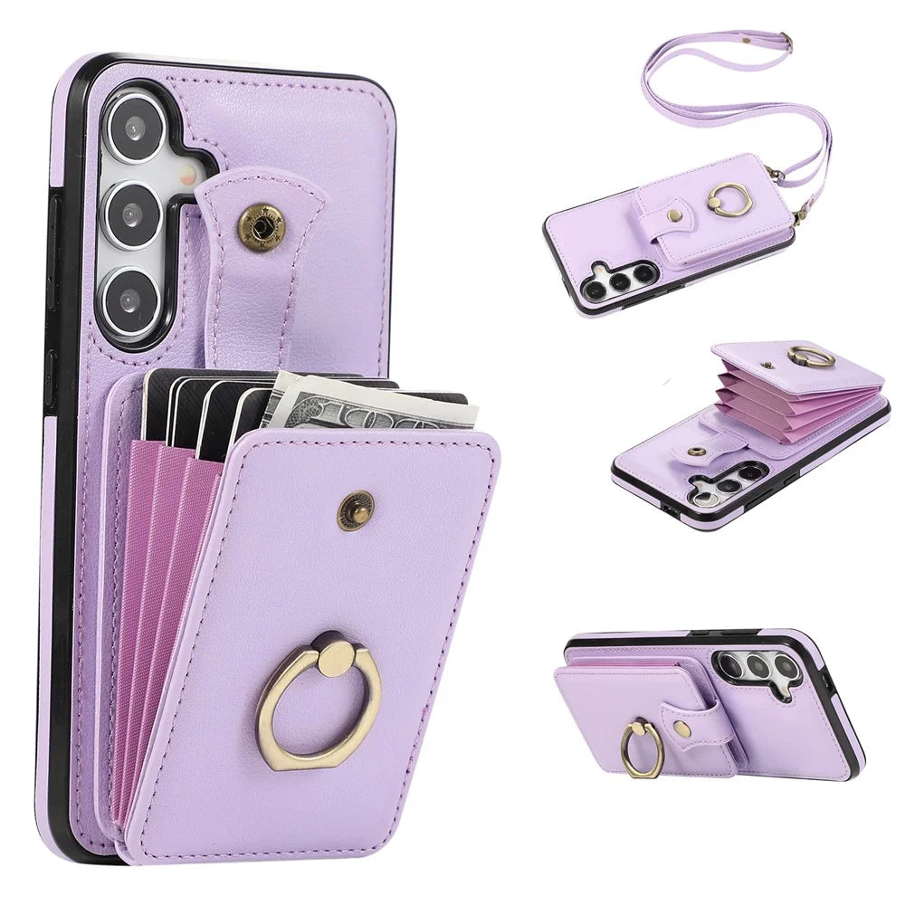 For Samsung Galaxy A57 5G Case Card Holder Ring Kickstand TPU + PU Leather Phone Cover with Long Strap - Purple - 1