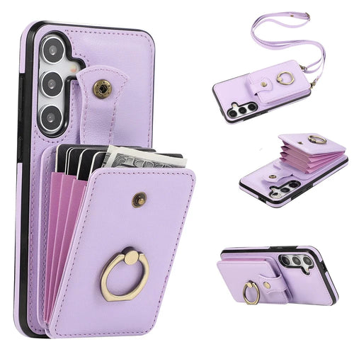 For Samsung Galaxy A57 5G Case Card Holder Ring Kickstand TPU + PU Leather Phone Cover with Long Strap - Purple - 1