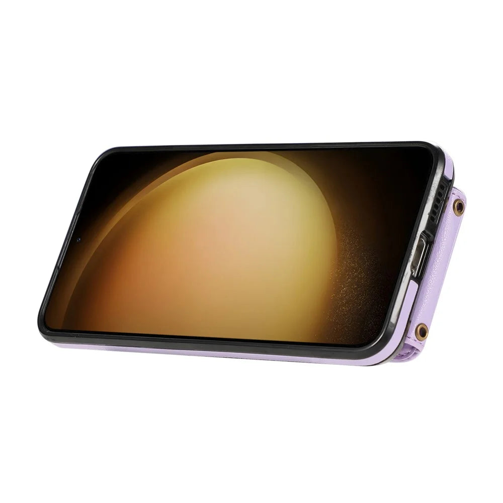 For Samsung Galaxy A57 5G Case Card Holder Ring Kickstand TPU + PU Leather Phone Cover with Long Strap - Purple - 2