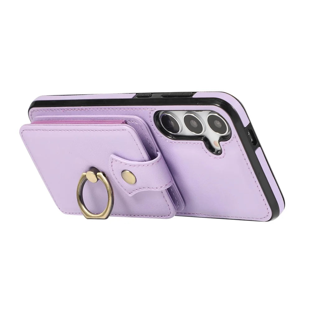For Samsung Galaxy A57 5G Case Card Holder Ring Kickstand TPU + PU Leather Phone Cover with Long Strap - Purple - 3
