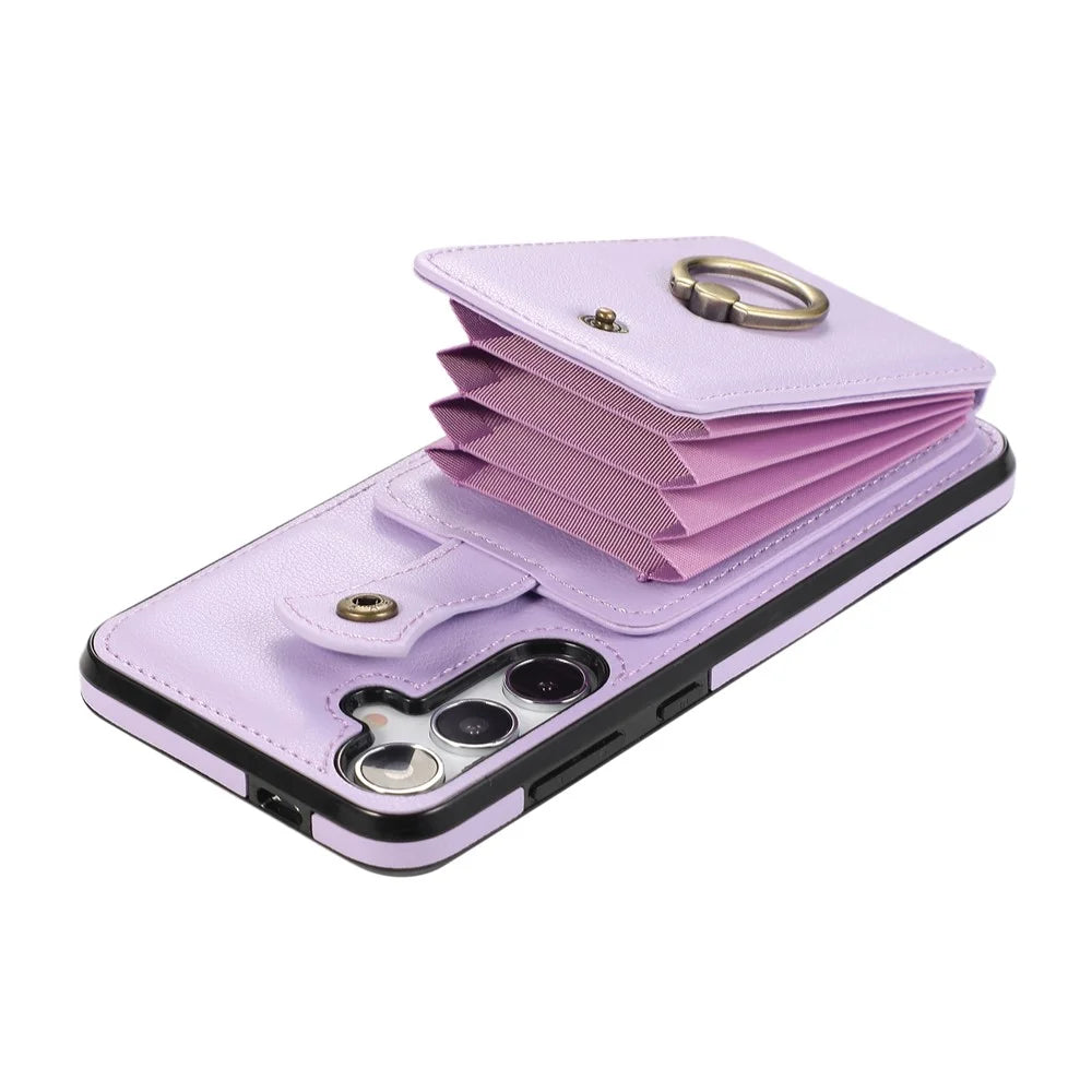 For Samsung Galaxy A57 5G Case Card Holder Ring Kickstand TPU + PU Leather Phone Cover with Long Strap - Purple - 5