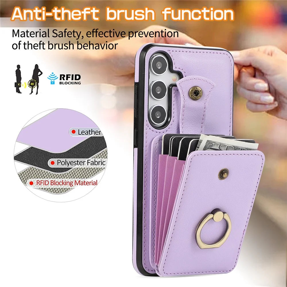 For Samsung Galaxy A57 5G Case Card Holder Ring Kickstand TPU + PU Leather Phone Cover with Long Strap - Purple - 6