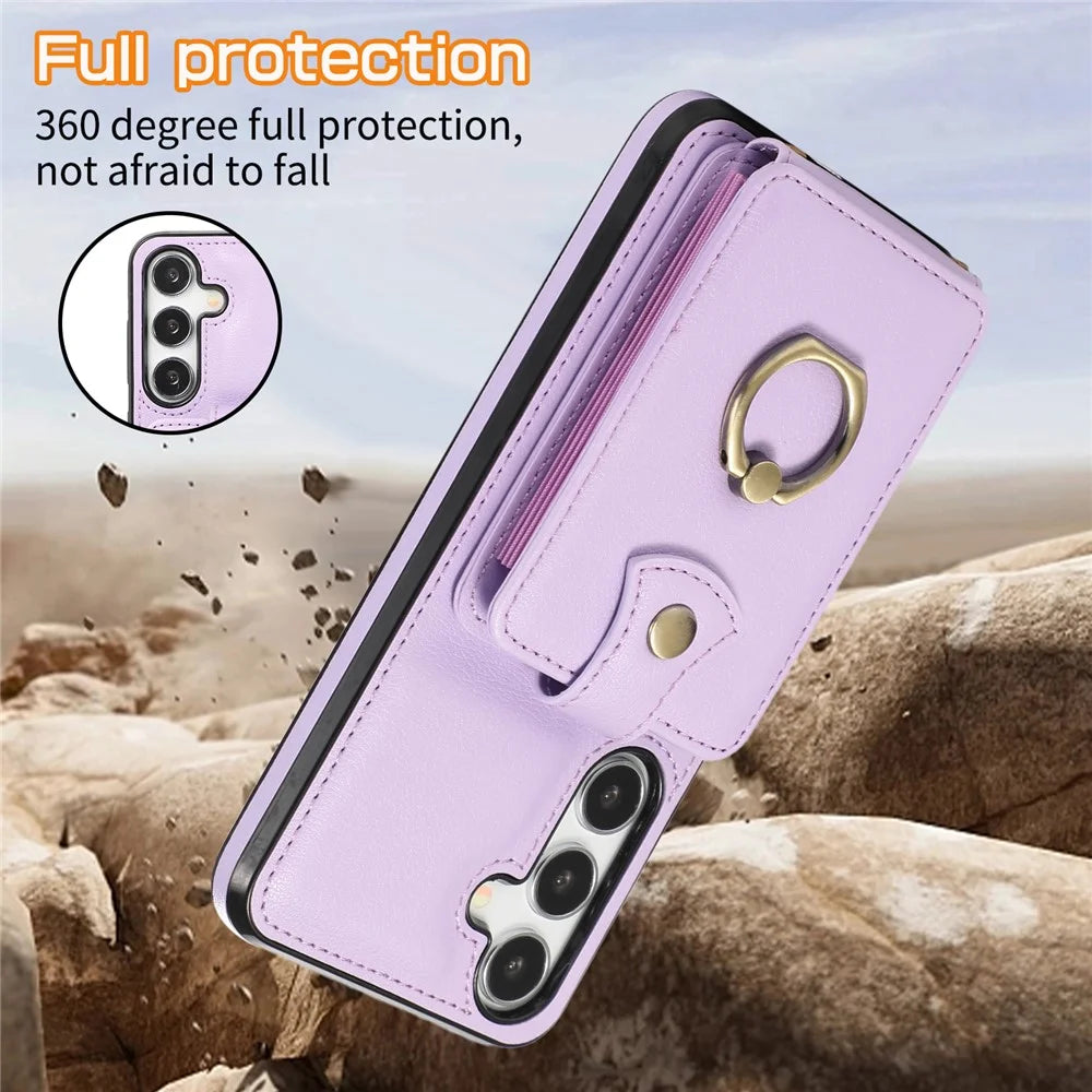For Samsung Galaxy A57 5G Case Card Holder Ring Kickstand TPU + PU Leather Phone Cover with Long Strap - Purple - 7