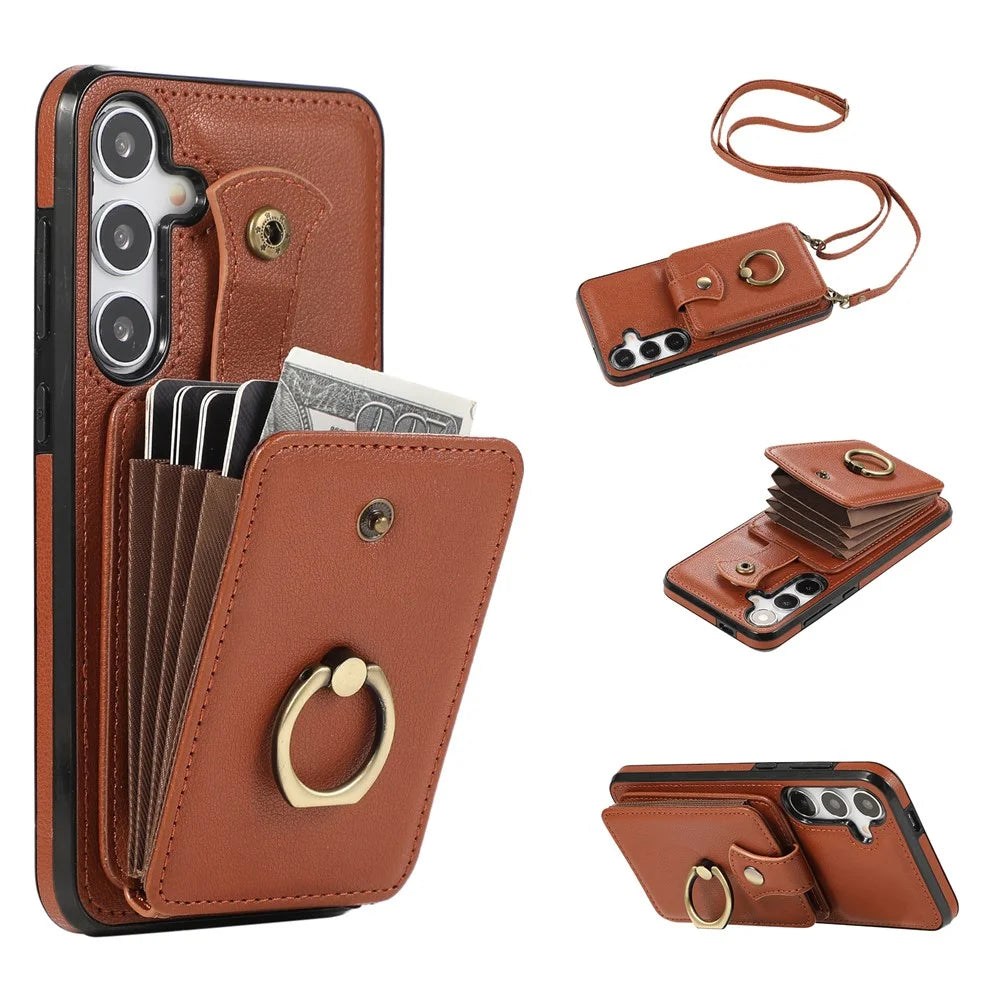 For Samsung Galaxy A37 5G Case Card Holder Ring Kickstand TPU + PU Leather Phone Cover with Long Strap - Brown - 1