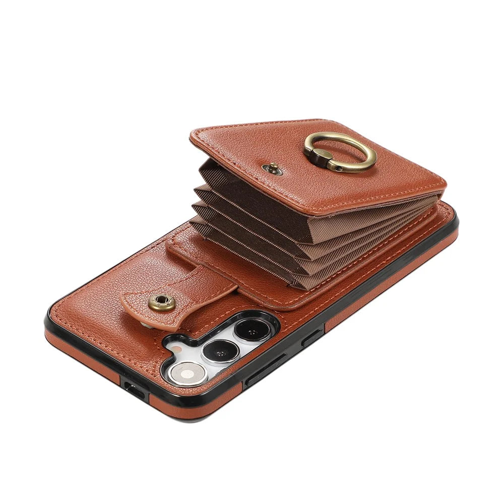 For Samsung Galaxy A37 5G Case Card Holder Ring Kickstand TPU + PU Leather Phone Cover with Long Strap - Brown - 4