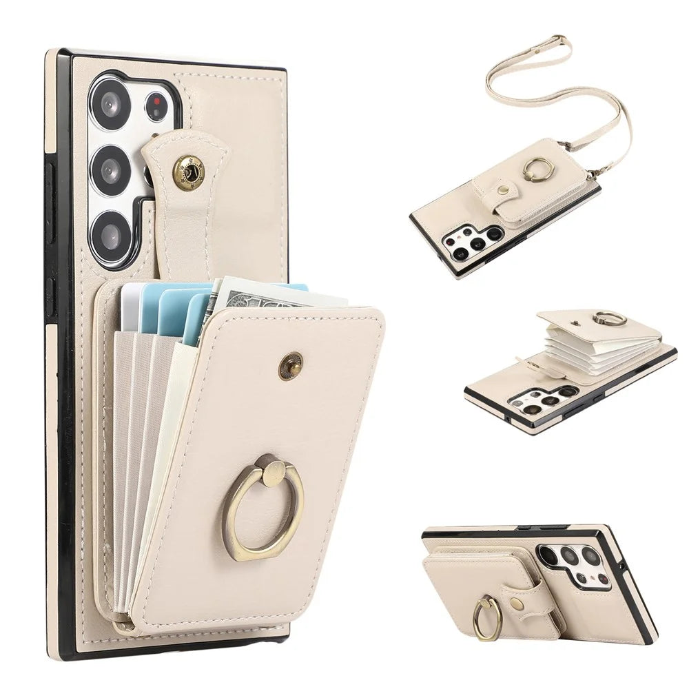 For Samsung Galaxy S26 Ultra Case Card Holder Ring Kickstand TPU + PU Leather Phone Cover with Long Strap - Beige - 1