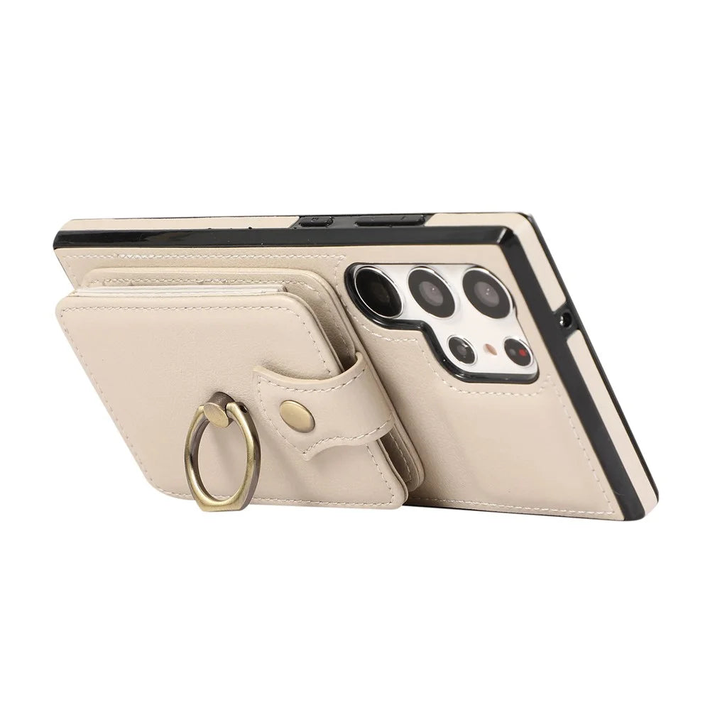 For Samsung Galaxy S26 Ultra Case Card Holder Ring Kickstand TPU + PU Leather Phone Cover with Long Strap - Beige - 2