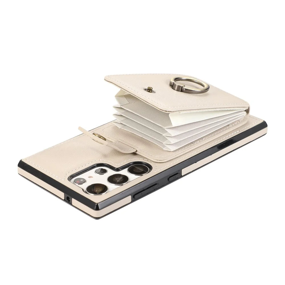 For Samsung Galaxy S26 Ultra Case Card Holder Ring Kickstand TPU + PU Leather Phone Cover with Long Strap - Beige - 4