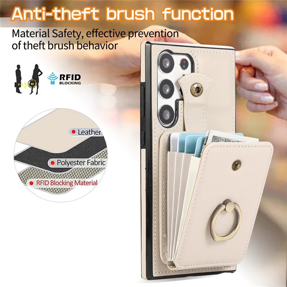 For Samsung Galaxy S26 Ultra Case Card Holder Ring Kickstand TPU + PU Leather Phone Cover with Long Strap - Beige - 6