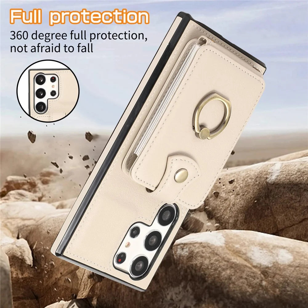 For Samsung Galaxy S26 Ultra Case Card Holder Ring Kickstand TPU + PU Leather Phone Cover with Long Strap - Beige - 7