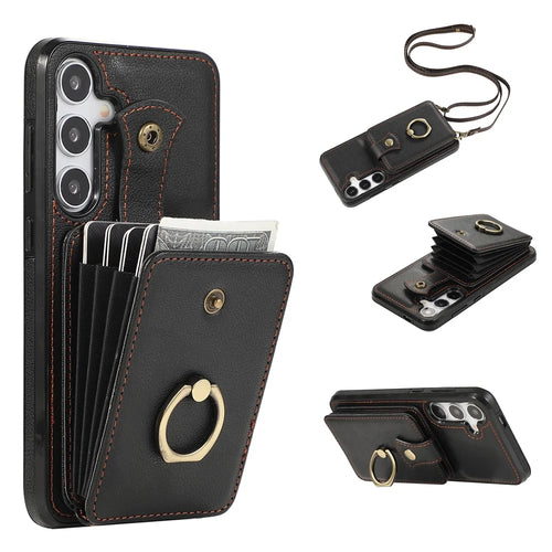 For Samsung Galaxy S26+ Case Card Holder Ring Kickstand TPU + PU Leather Phone Cover with Long Strap - Black - 1
