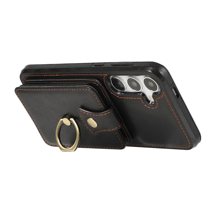 For Samsung Galaxy S26+ Case Card Holder Ring Kickstand TPU + PU Leather Phone Cover with Long Strap - Black - 3