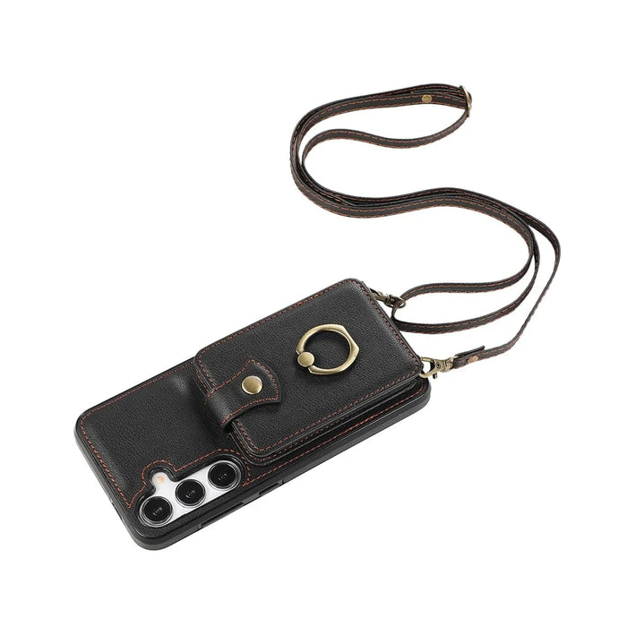 For Samsung Galaxy S26+ Case Card Holder Ring Kickstand TPU + PU Leather Phone Cover with Long Strap - Black - 5