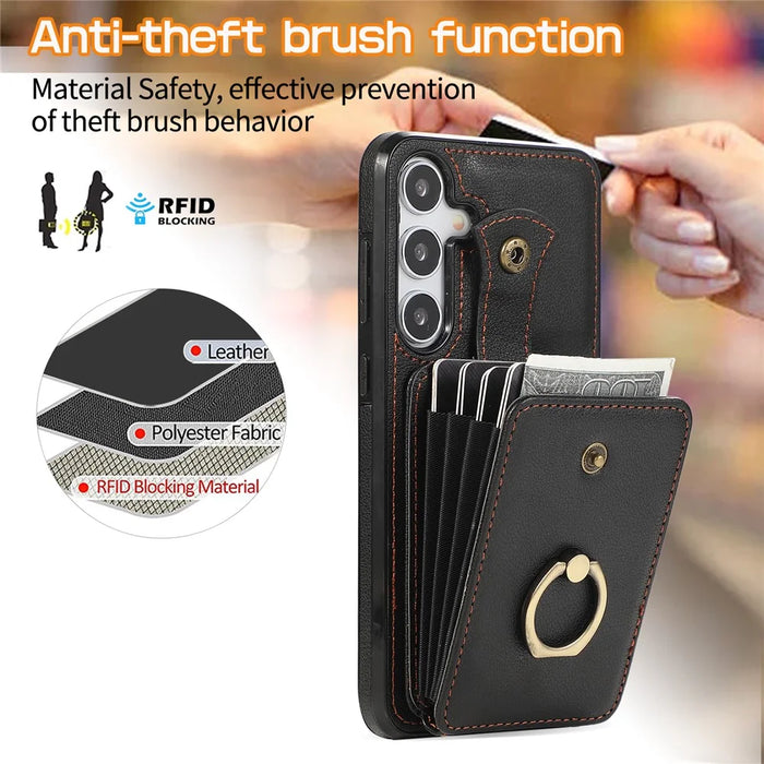 For Samsung Galaxy S26+ Case Card Holder Ring Kickstand TPU + PU Leather Phone Cover with Long Strap - Black - 6