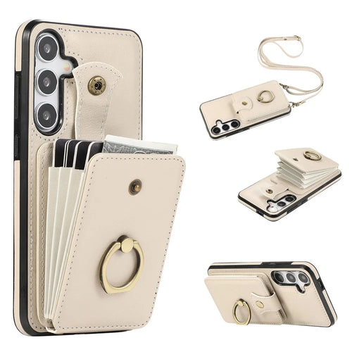 For Samsung Galaxy S26 Case Card Holder Ring Kickstand TPU + PU Leather Phone Cover with Long Strap - Beige - 1