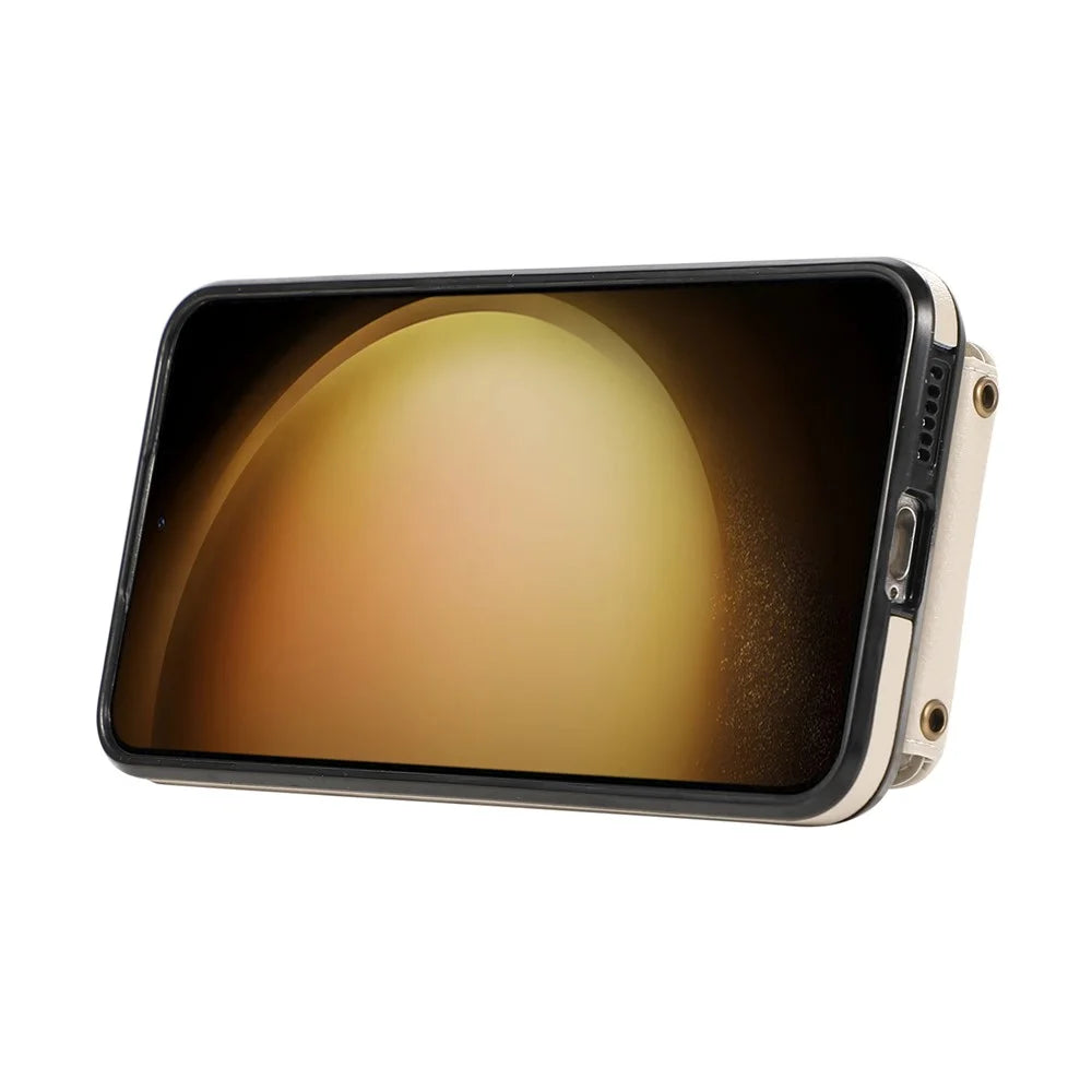 For Samsung Galaxy S26 Case Card Holder Ring Kickstand TPU + PU Leather Phone Cover with Long Strap - Beige - 2