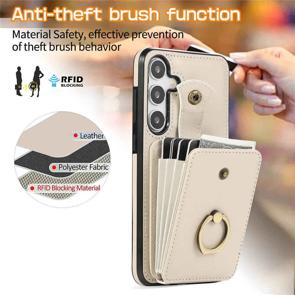 For Samsung Galaxy S26 Case Card Holder Ring Kickstand TPU + PU Leather Phone Cover with Long Strap - Beige - 6