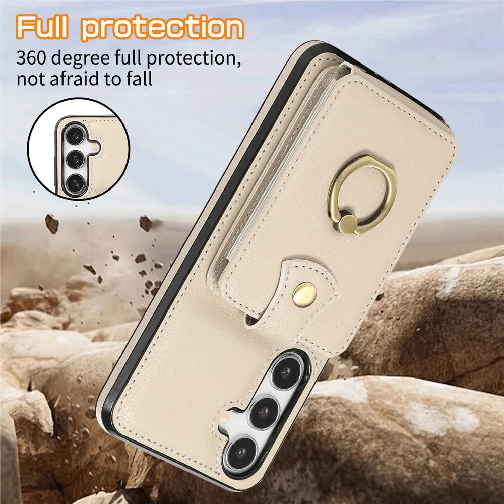 For Samsung Galaxy S26 Case Card Holder Ring Kickstand TPU + PU Leather Phone Cover with Long Strap - Beige - 7