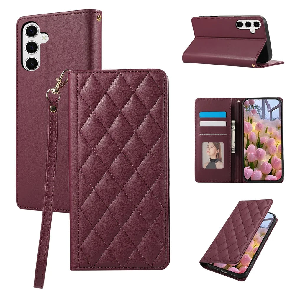 For Samsung Galaxy A57 5G Case RFID Blocking Wallet Stand Rhombus Leather Cover with Wrist Strap - Red - 1