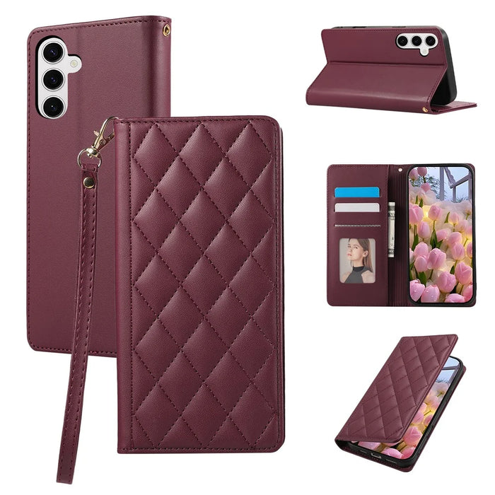 For Samsung Galaxy A57 5G Case RFID Blocking Wallet Stand Rhombus Leather Cover with Wrist Strap - Red - 1