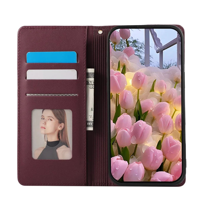 For Samsung Galaxy A57 5G Case RFID Blocking Wallet Stand Rhombus Leather Cover with Wrist Strap - Red - 2