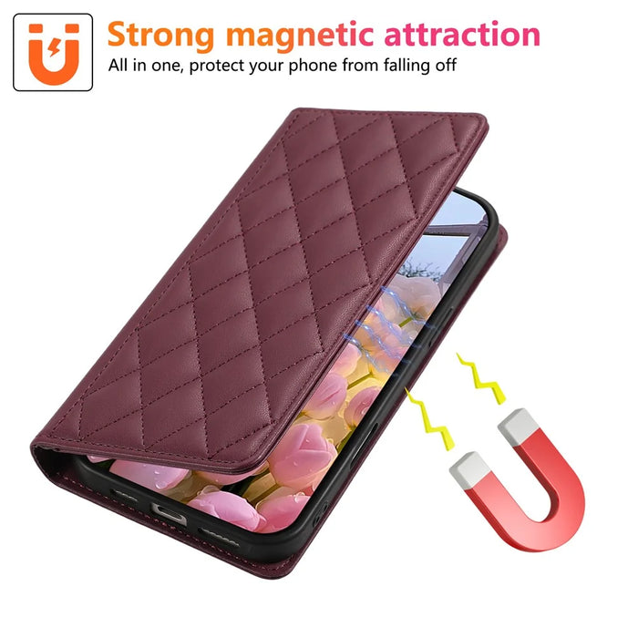 For Samsung Galaxy A57 5G Case RFID Blocking Wallet Stand Rhombus Leather Cover with Wrist Strap - Red - 5