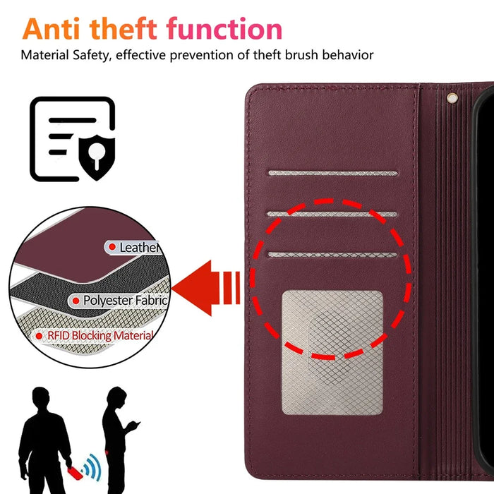 For Samsung Galaxy A57 5G Case RFID Blocking Wallet Stand Rhombus Leather Cover with Wrist Strap - Red - 7