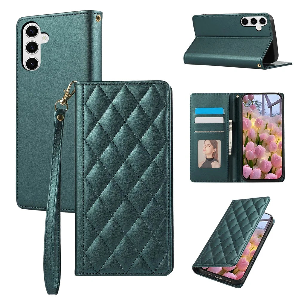 For Samsung Galaxy A37 5G Case RFID Blocking Wallet Stand Rhombus Leather Cover with Wrist Strap - Green - 1