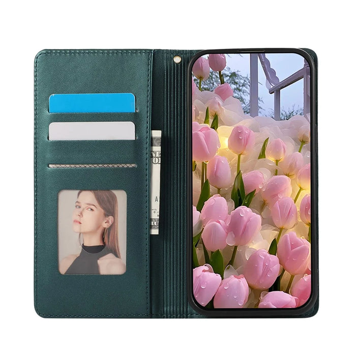 For Samsung Galaxy A37 5G Case RFID Blocking Wallet Stand Rhombus Leather Cover with Wrist Strap - Green - 2