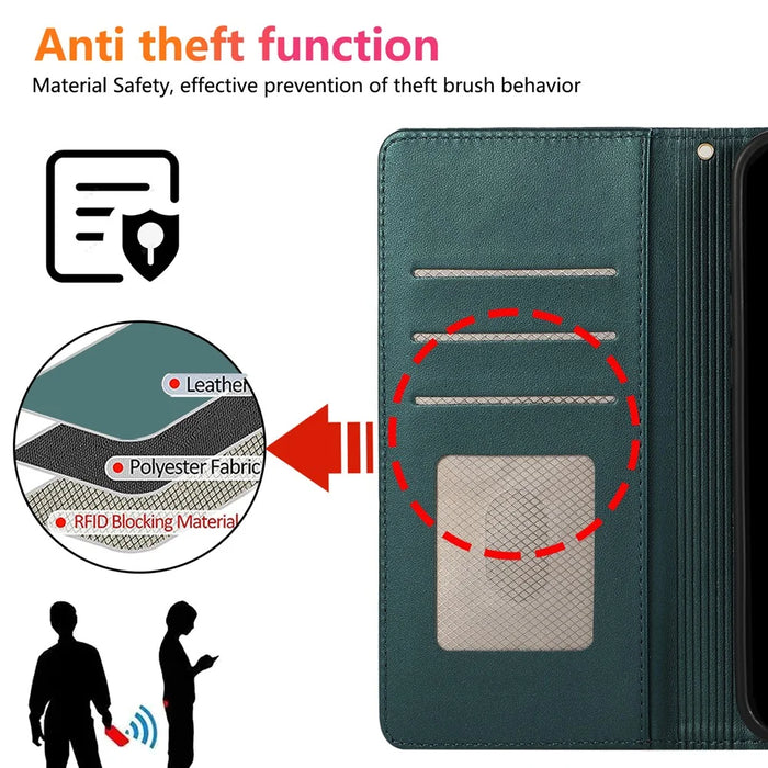 For Samsung Galaxy A37 5G Case RFID Blocking Wallet Stand Rhombus Leather Cover with Wrist Strap - Green - 7