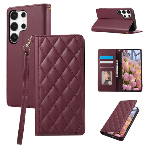For Samsung Galaxy S26 Ultra Case RFID Blocking Wallet Stand Rhombus Leather Phone Cover with Wrist Strap - Red - 1