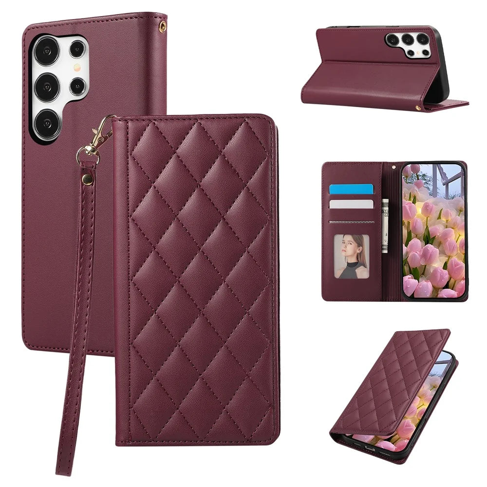 For Samsung Galaxy S26 Ultra Case RFID Blocking Wallet Stand Rhombus Leather Phone Cover with Wrist Strap - Red - 1