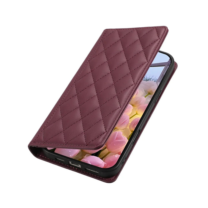 For Samsung Galaxy S26 Ultra Case RFID Blocking Wallet Stand Rhombus Leather Phone Cover with Wrist Strap - Red - 5