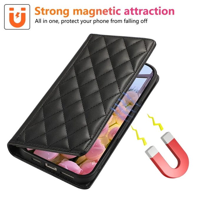 For Samsung Galaxy S26 Case RFID Blocking Wallet Stand Rhombus Leather Cover with Wrist Strap - Black - 5