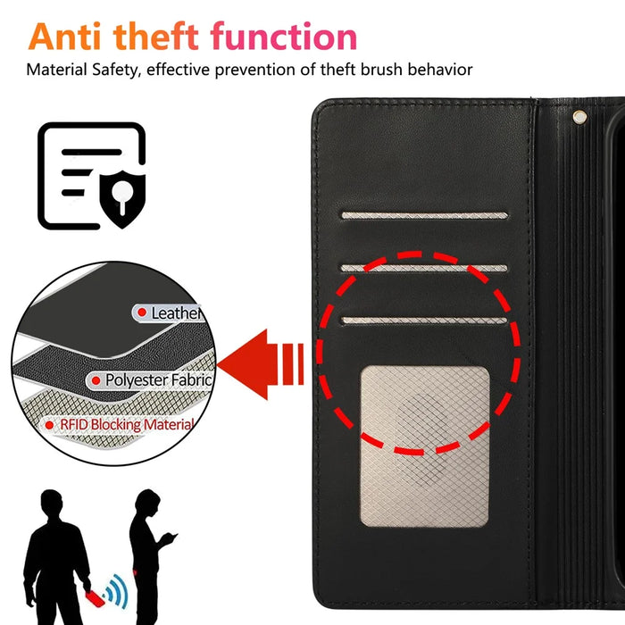 For Samsung Galaxy S26 Case RFID Blocking Wallet Stand Rhombus Leather Cover with Wrist Strap - Black - 7