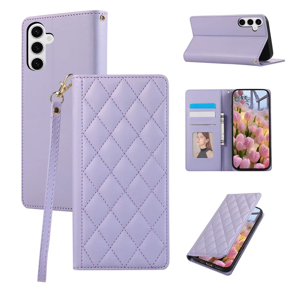 For Samsung Galaxy S26+ Case RFID Blocking Wallet Stand Rhombus Leather Phone Cover with Wrist Strap - Purple - 1