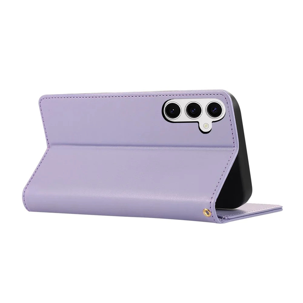 For Samsung Galaxy S26+ Case RFID Blocking Wallet Stand Rhombus Leather Phone Cover with Wrist Strap - Purple - 4
