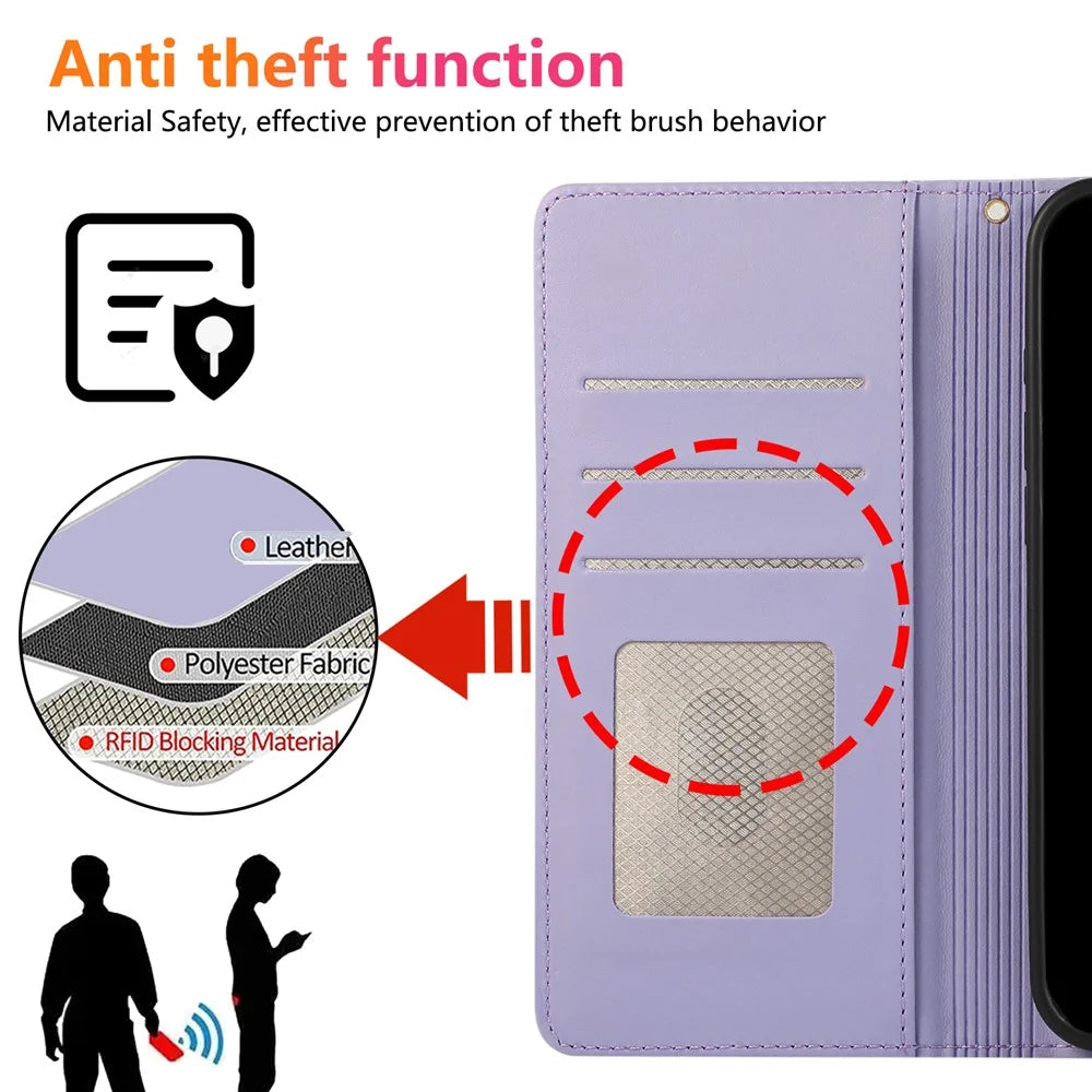 For Samsung Galaxy S26+ Case RFID Blocking Wallet Stand Rhombus Leather Phone Cover with Wrist Strap - Purple - 7