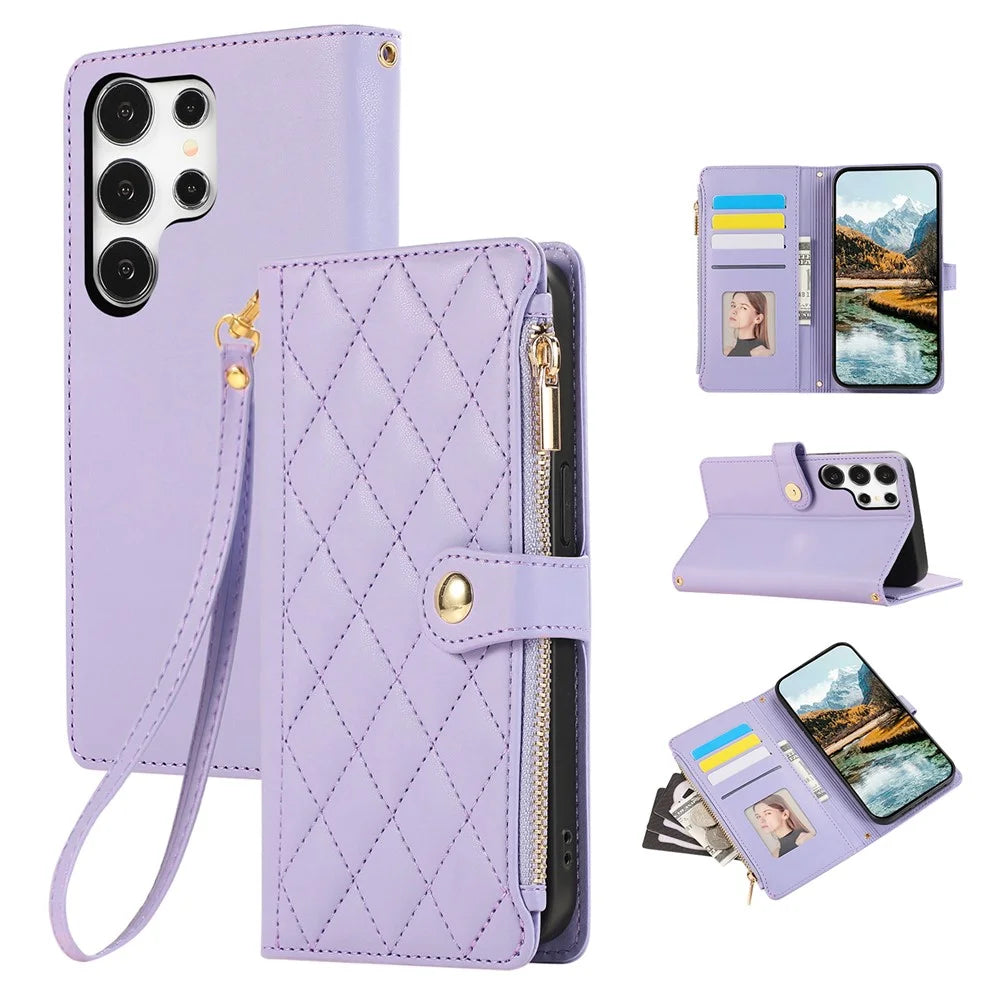 For Samsung Galaxy S26 Ultra Case Multi Card Slots Zipper Rhombus Leather Phone Cover with Wrist Strap - Purple - 1