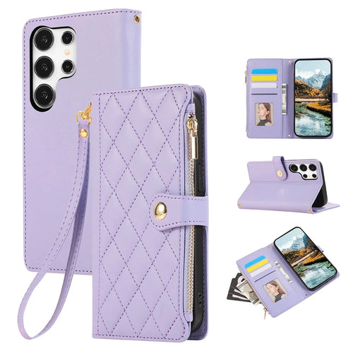 For Samsung Galaxy S26 Ultra Case Multi Card Slots Zipper Rhombus Leather Phone Cover with Wrist Strap - Purple - 1