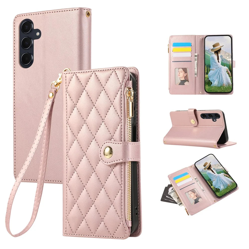 For Samsung Galaxy S26+ Case Multi Card Slots Zipper Rhombus Leather Phone Cover with Wrist Strap - Rose Gold - 1