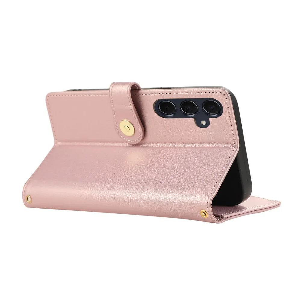 For Samsung Galaxy S26+ Case Multi Card Slots Zipper Rhombus Leather Phone Cover with Wrist Strap - Rose Gold - 2