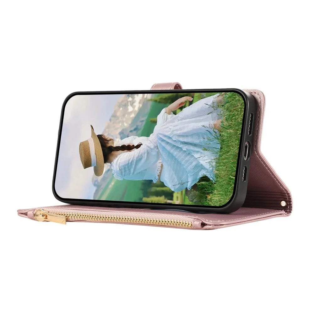 For Samsung Galaxy S26+ Case Multi Card Slots Zipper Rhombus Leather Phone Cover with Wrist Strap - Rose Gold - 3