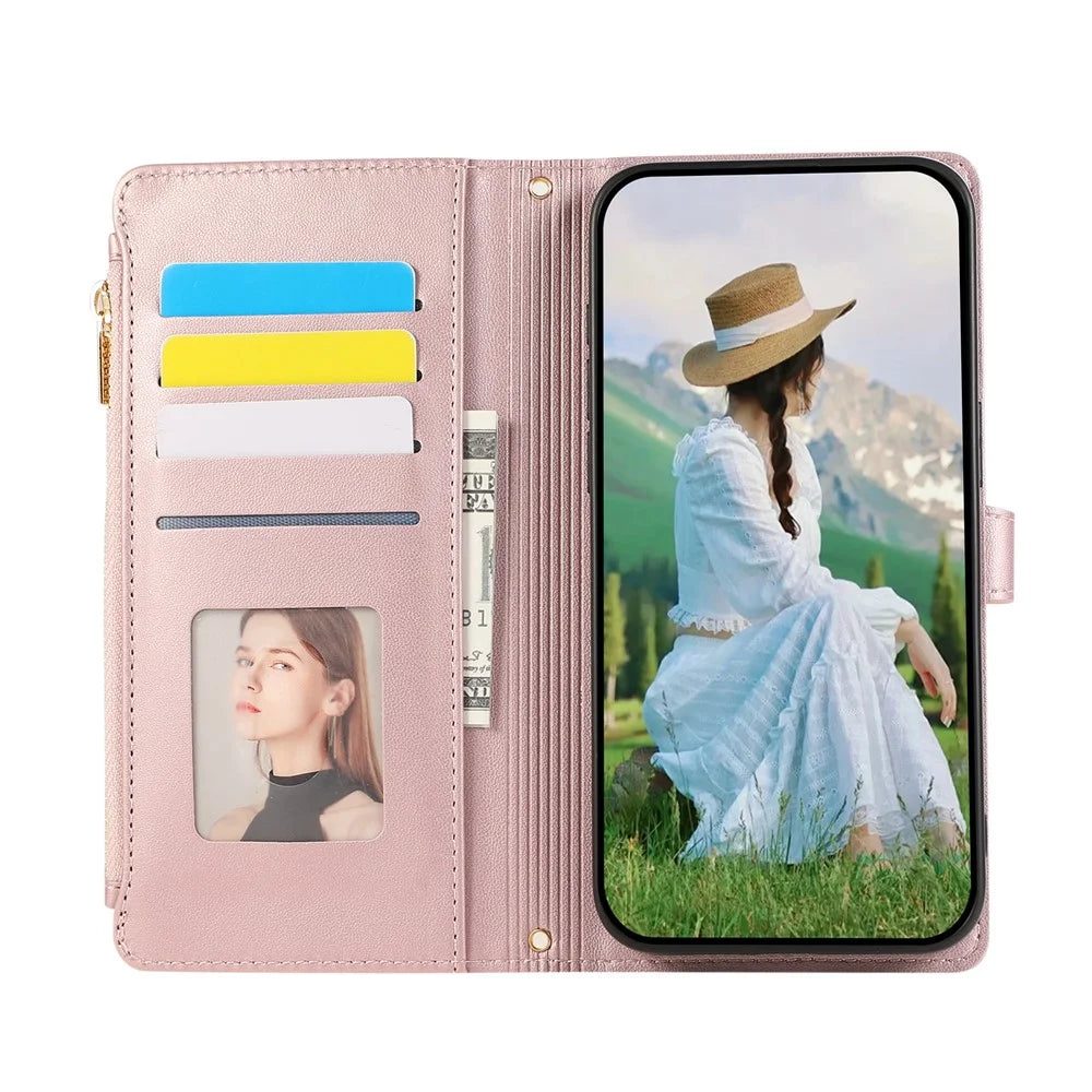 For Samsung Galaxy S26+ Case Multi Card Slots Zipper Rhombus Leather Phone Cover with Wrist Strap - Rose Gold - 4