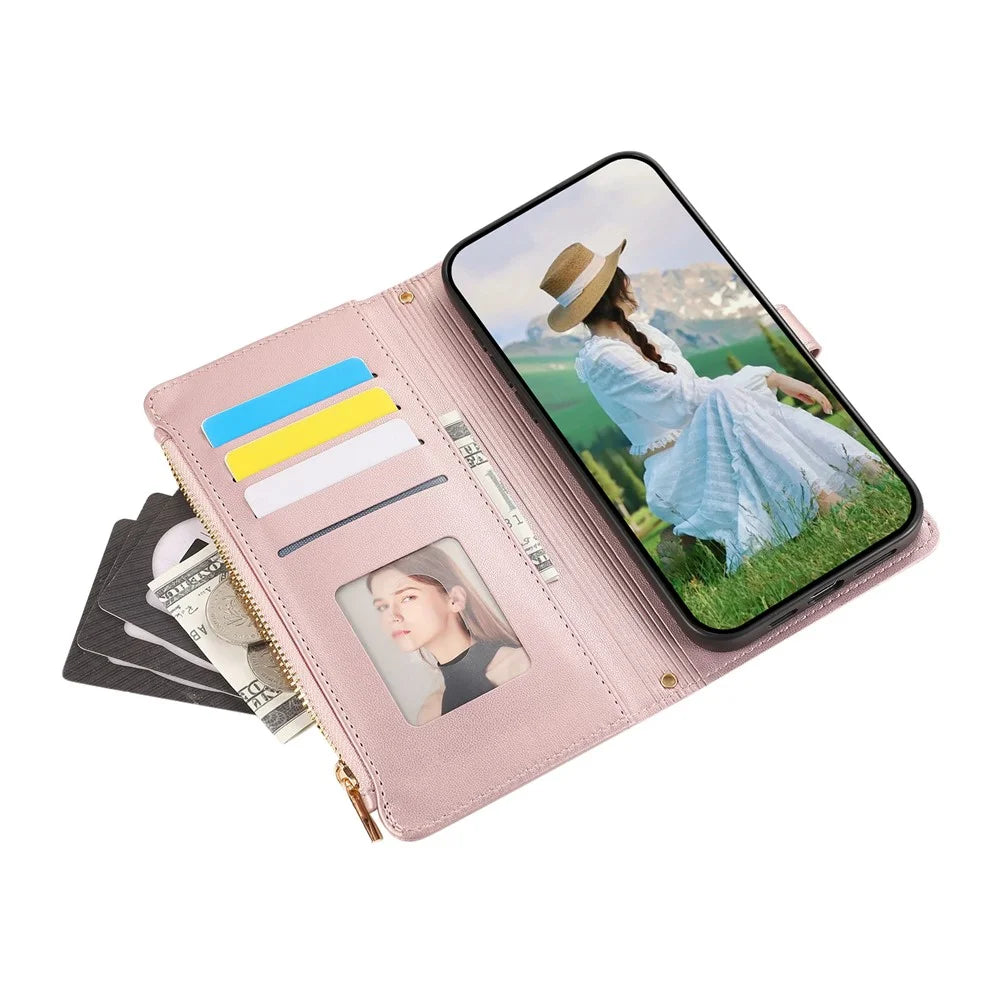 For Samsung Galaxy S26+ Case Multi Card Slots Zipper Rhombus Leather Phone Cover with Wrist Strap - Rose Gold - 5