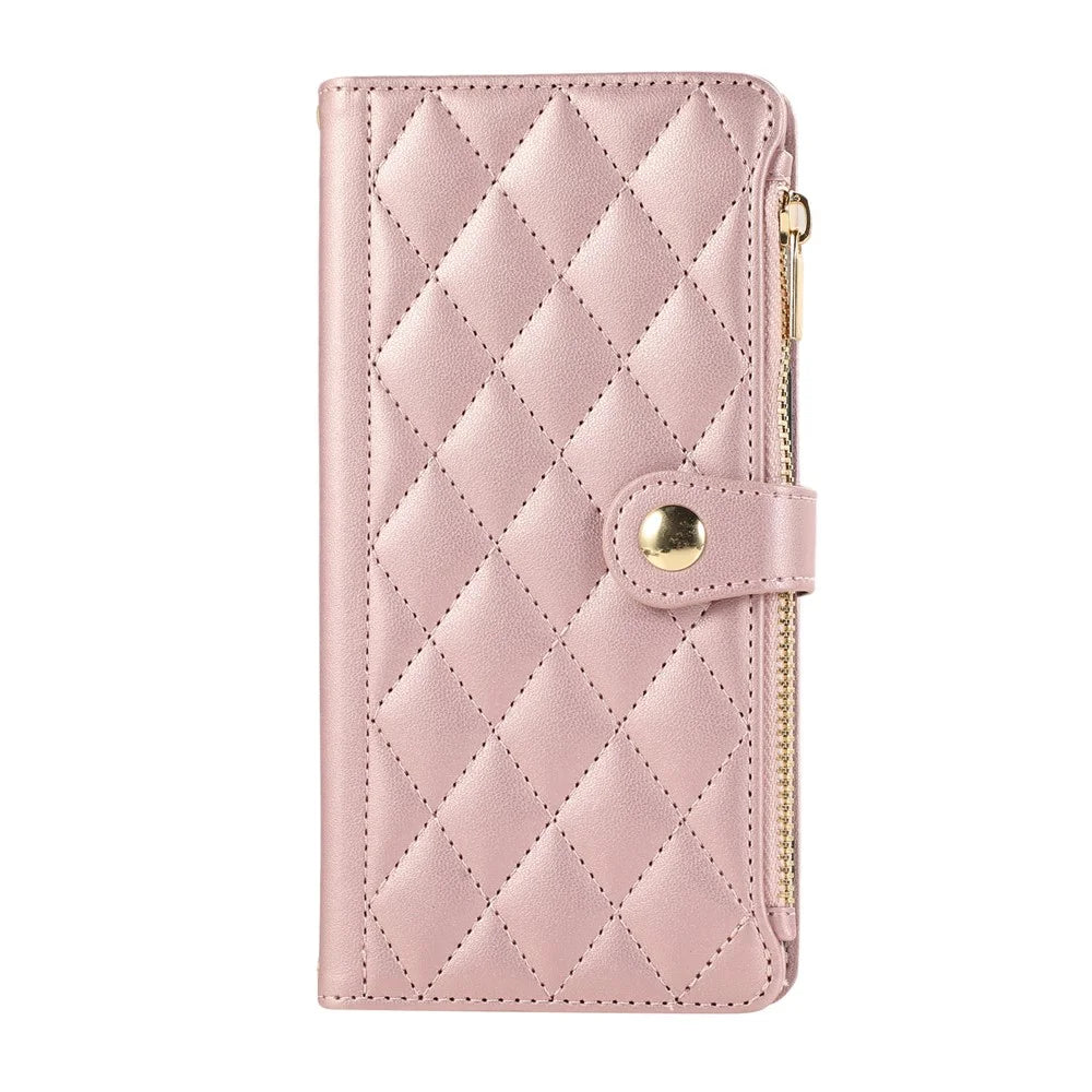 For Samsung Galaxy S26+ Case Multi Card Slots Zipper Rhombus Leather Phone Cover with Wrist Strap - Rose Gold - 6