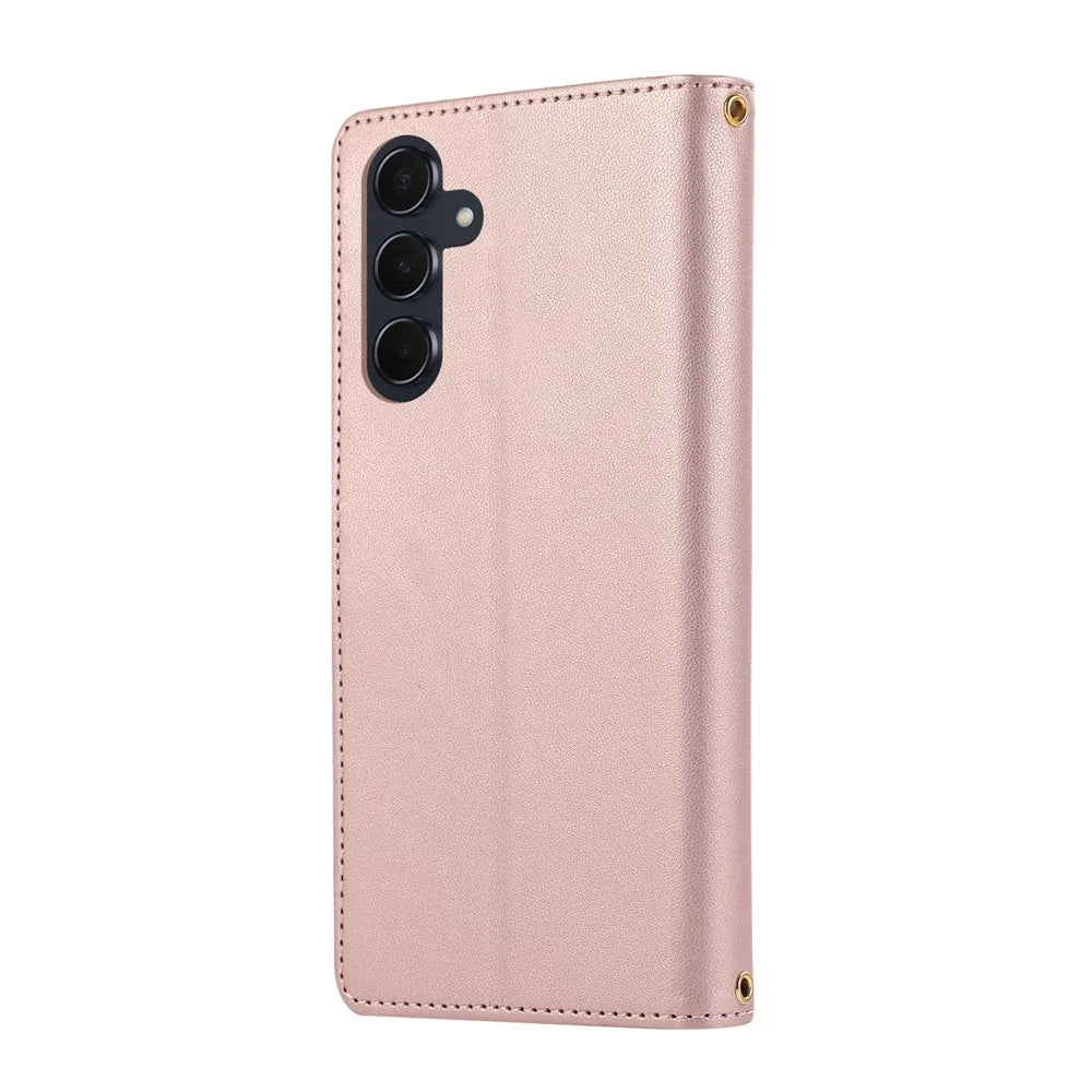 For Samsung Galaxy S26+ Case Multi Card Slots Zipper Rhombus Leather Phone Cover with Wrist Strap - Rose Gold - 7